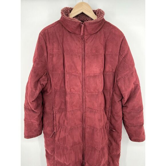 Vintage LL Bean Down Filled Quilted Burgundy Red Coat Size XL Faux Fur Long - Picture 2 of 7